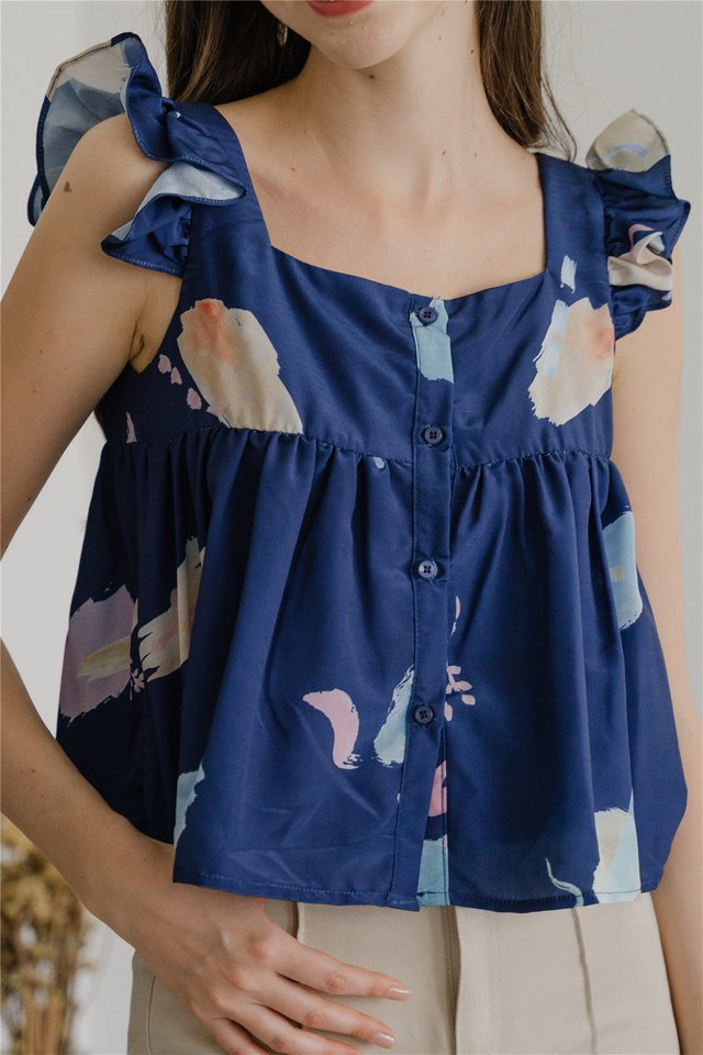 *Preorder* ACW Colours of Summer Button Down Frill Sleeve Blouse in Navy