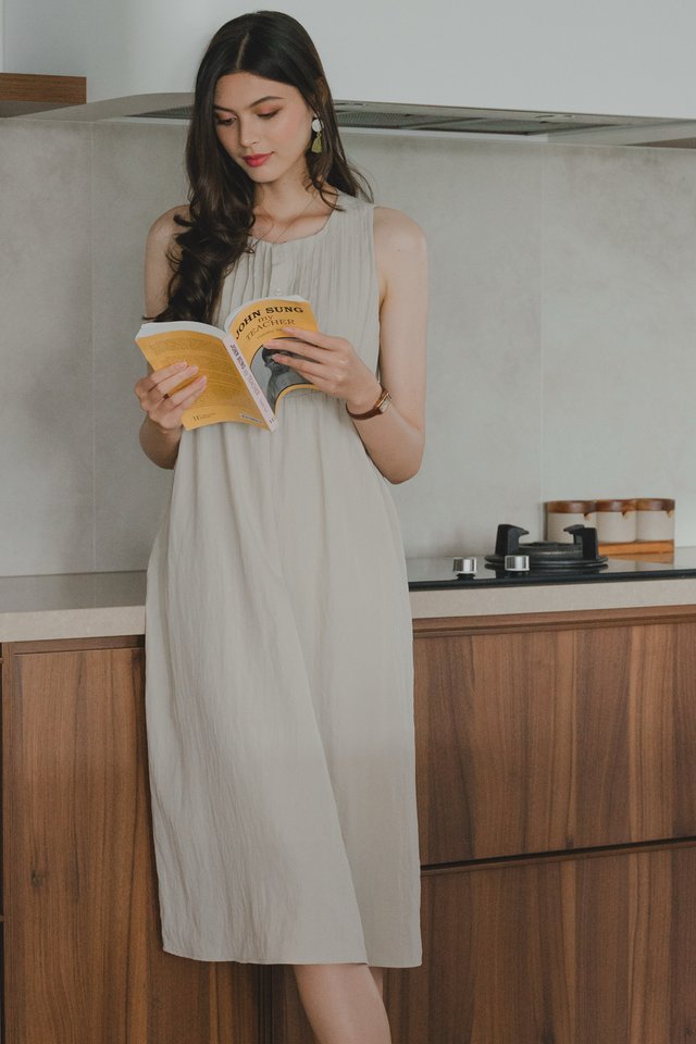 *Preorder* ACW Button Down Pleated Babydoll Midi Dress in Light Grey