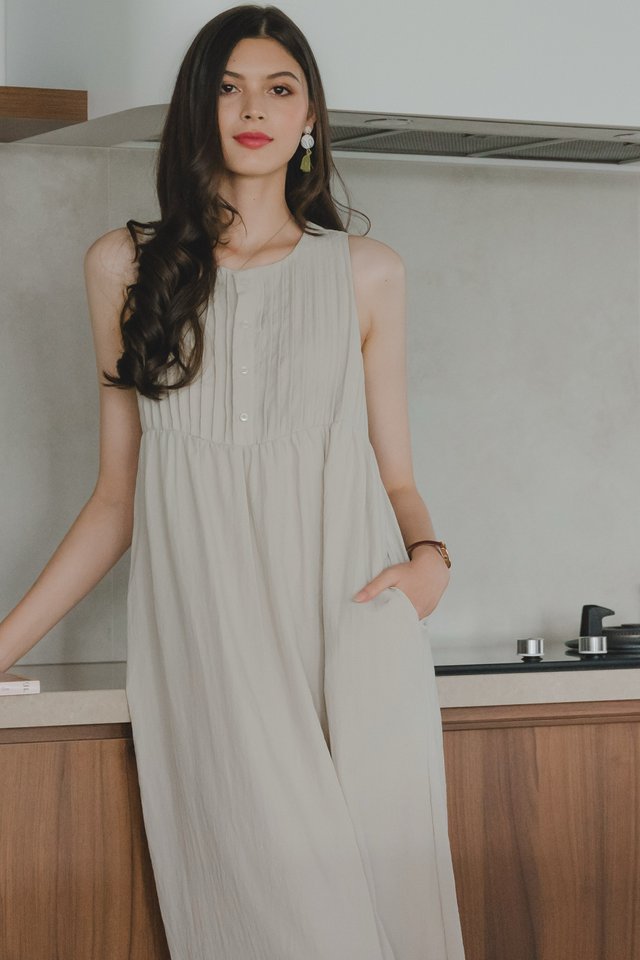 *Preorder* ACW Button Down Pleated Babydoll Midi Dress in Light Grey