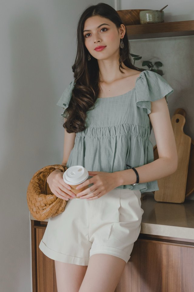 ACW U Neck Textured Flutter Sleeve Babydoll Top in Seafoam