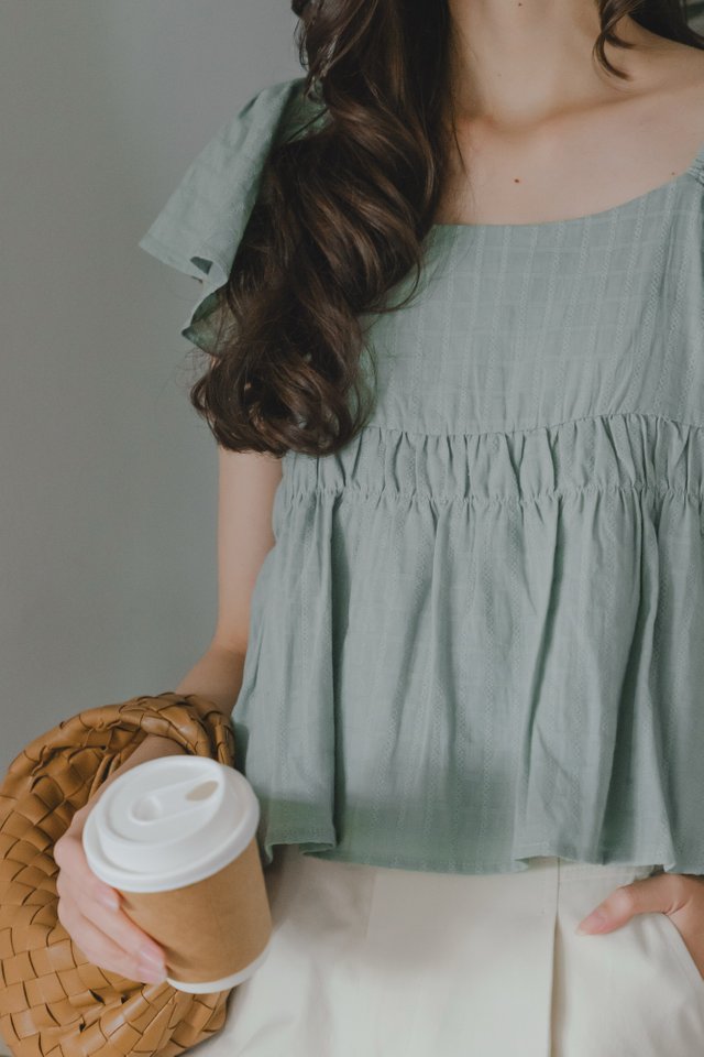 *Preorder* ACW U Neck Textured Flutter Sleeve Babydoll Top in Seafoam