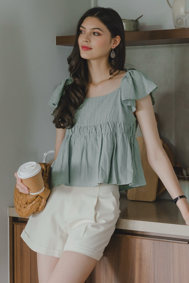 *Preorder* ACW U Neck Textured Flutter Sleeve Babydoll Top in Seafoam