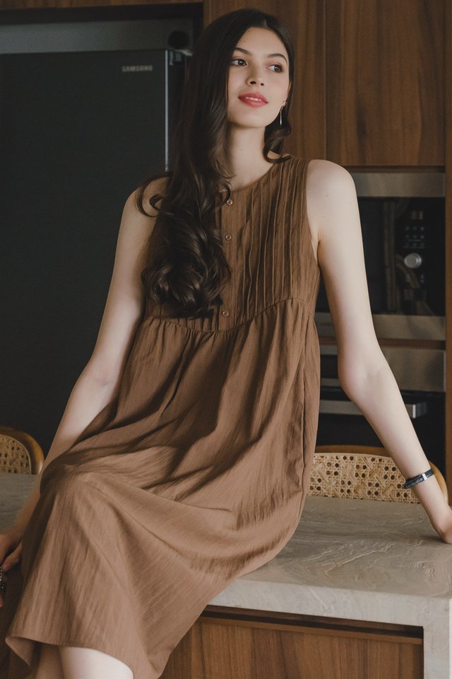*Preorder* ACW Button Down Pleated Babydoll Midi Dress in Cocoa Brown