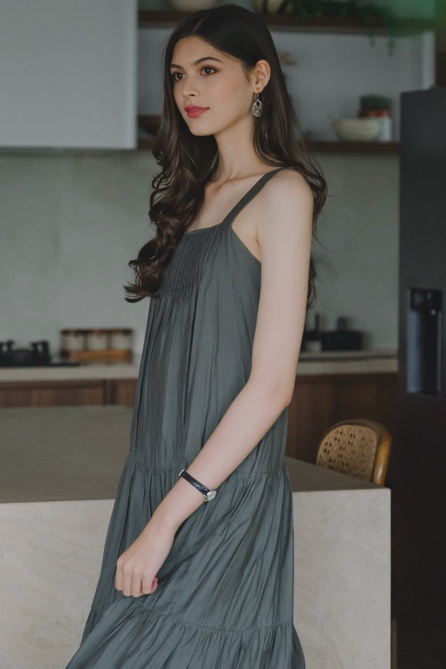 *Preorder* ACW Thick Strap Ruch Tier Midi Dress in Stone Blue