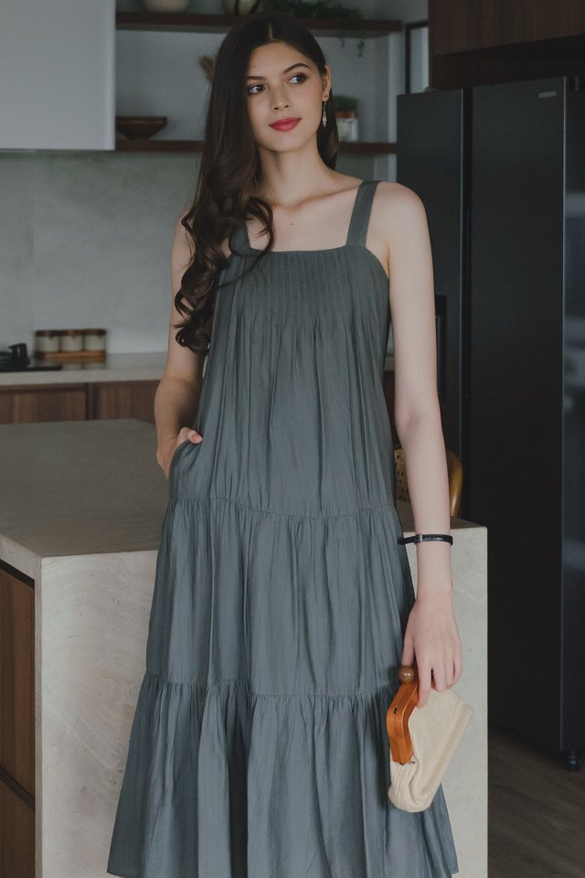 *Preorder* ACW Thick Strap Ruch Tier Midi Dress in Stone Blue