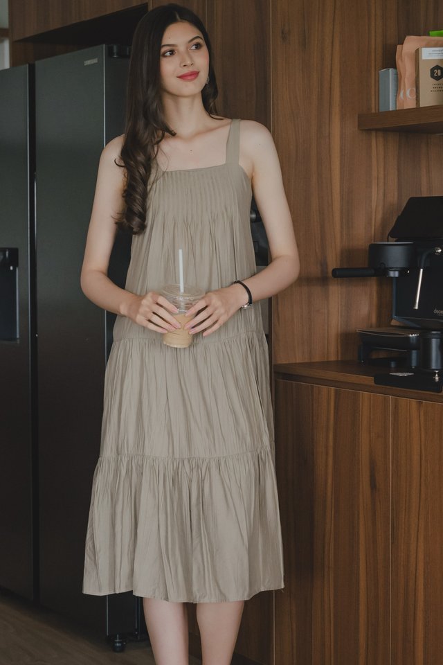 *Preorder* ACW Thick Strap Ruch Tier Midi Dress in Deep Moss