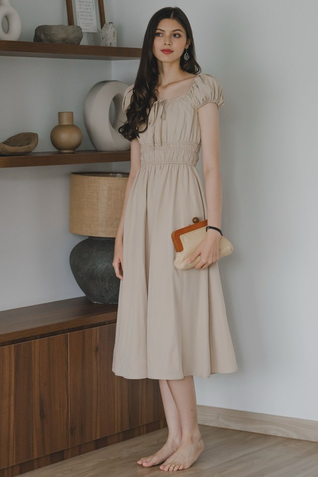 *Preorder* ACW U Neck Tie Front Duo Elastic Waist Midi Dress in Sand