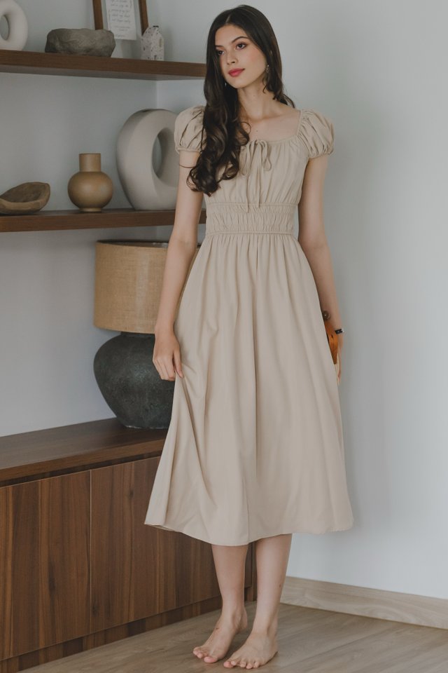 *Preorder* ACW U Neck Tie Front Duo Elastic Waist Midi Dress in Sand