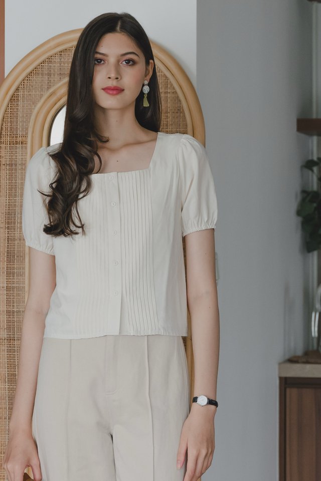 *Preorder* ACW Pleated U Neck Sleeved Top in Ivory