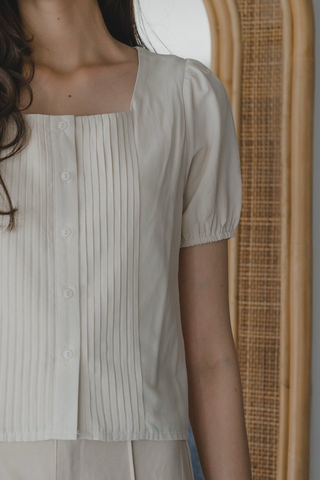 *Preorder* ACW Pleated U Neck Sleeved Top in Ivory