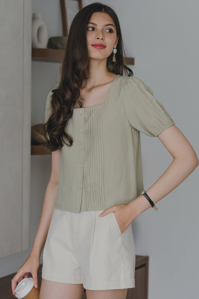 *Preorder* ACW Pleated U Neck Sleeved Top in Sage