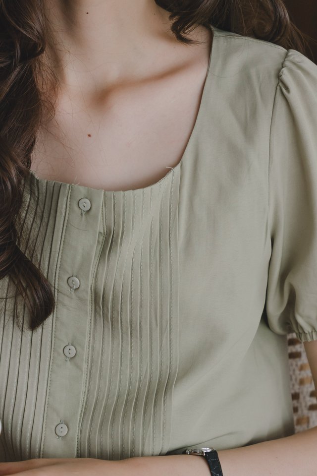 *Preorder* ACW Pleated U Neck Sleeved Top in Sage