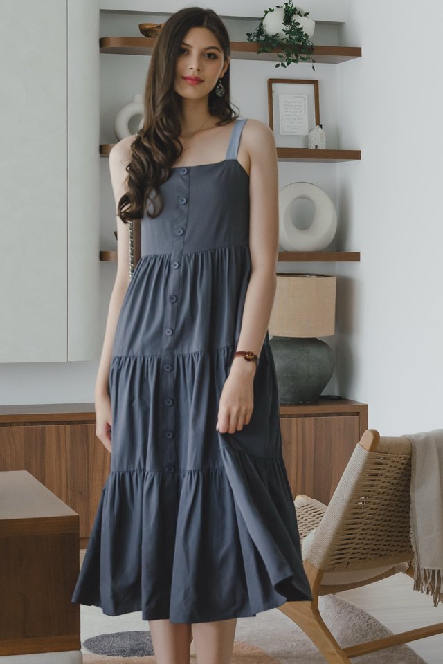 *Preorder* ACW Colourblock Strap Button Down Tiered Maxi Dress in Navy