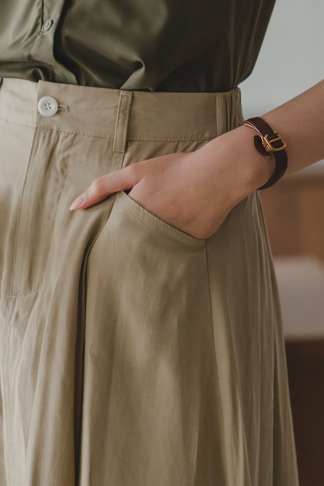 Button A-Line Midi Skirt in Khaki