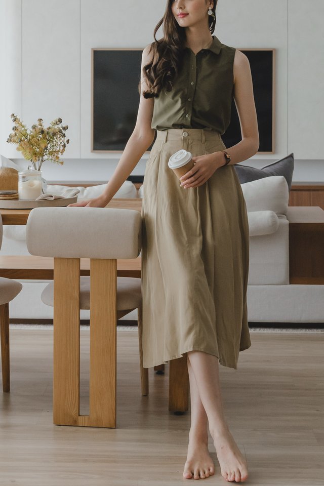 Button A-Line Midi Skirt in Khaki