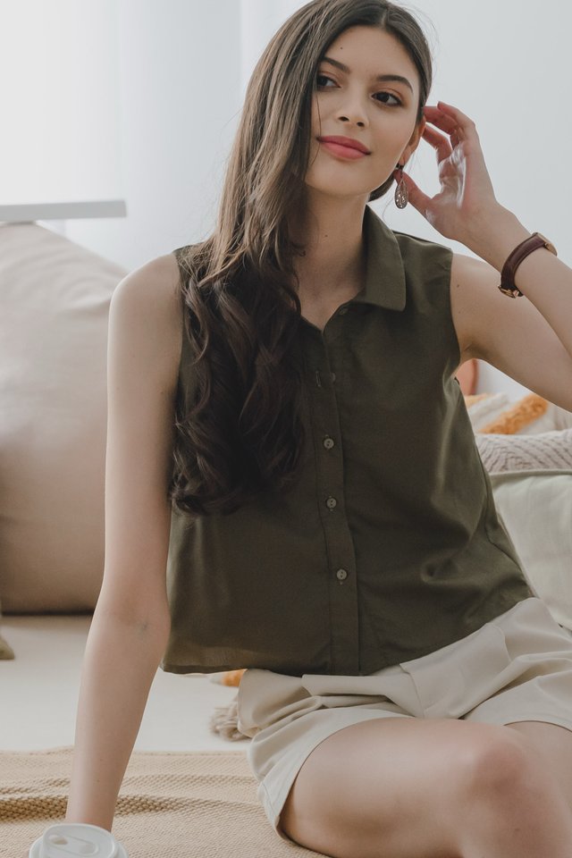 *Preorder* ACW Button Down Collar Sleeveless Top in Olive