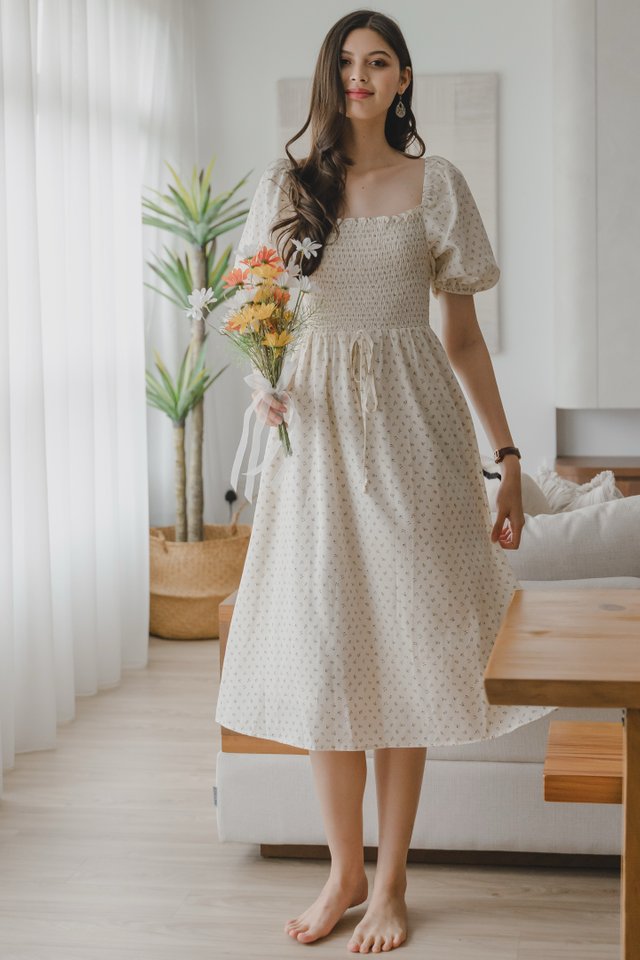 ACW Smock Balloon Sleeve Midi Swing Dress in Prints