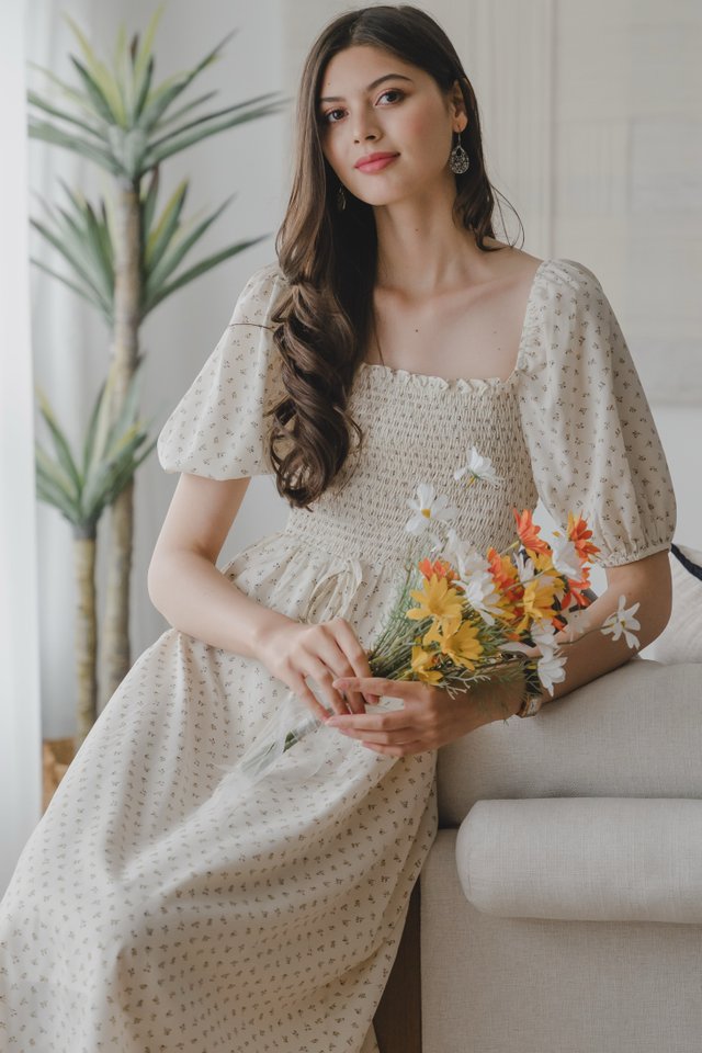 ACW Smock Balloon Sleeve Midi Swing Dress in Prints