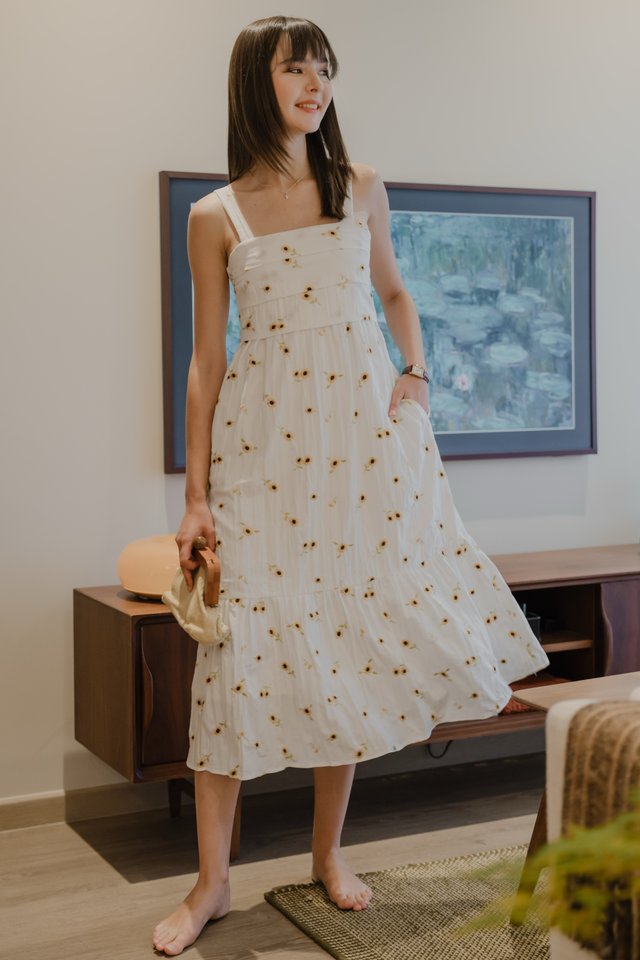 *Preorder* ACW Tiered Panels Thick Strap Drop Hem Midi Dress in Embroidery