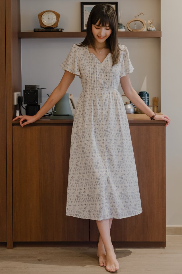 *Preorder* ACW Button Panel Square Neck Pintuck Flutter Sleeve Midi Dress in Prints