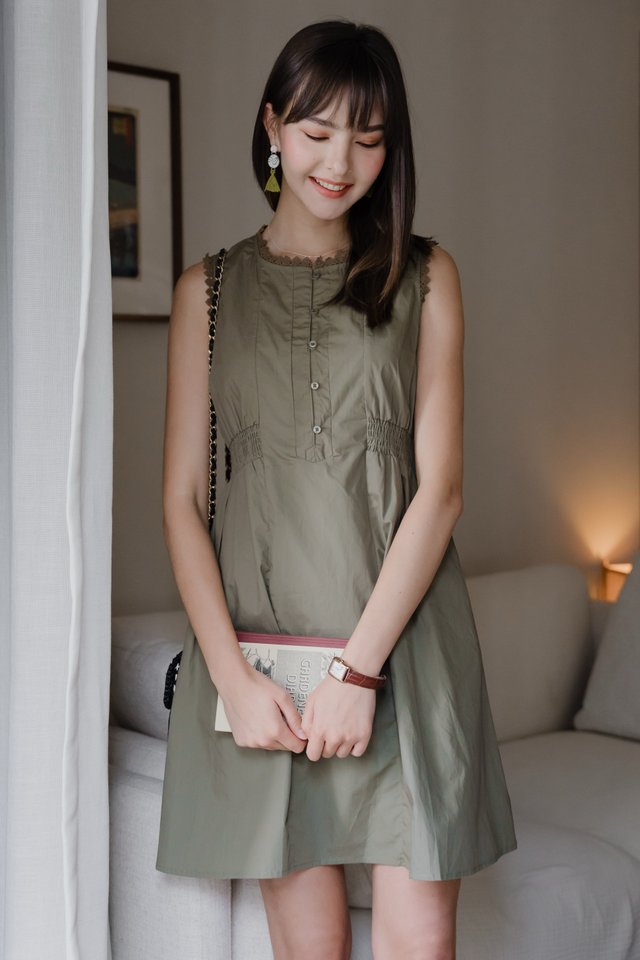 ACW Button Sleeveless Elastic Waist Mini Dress in Olive