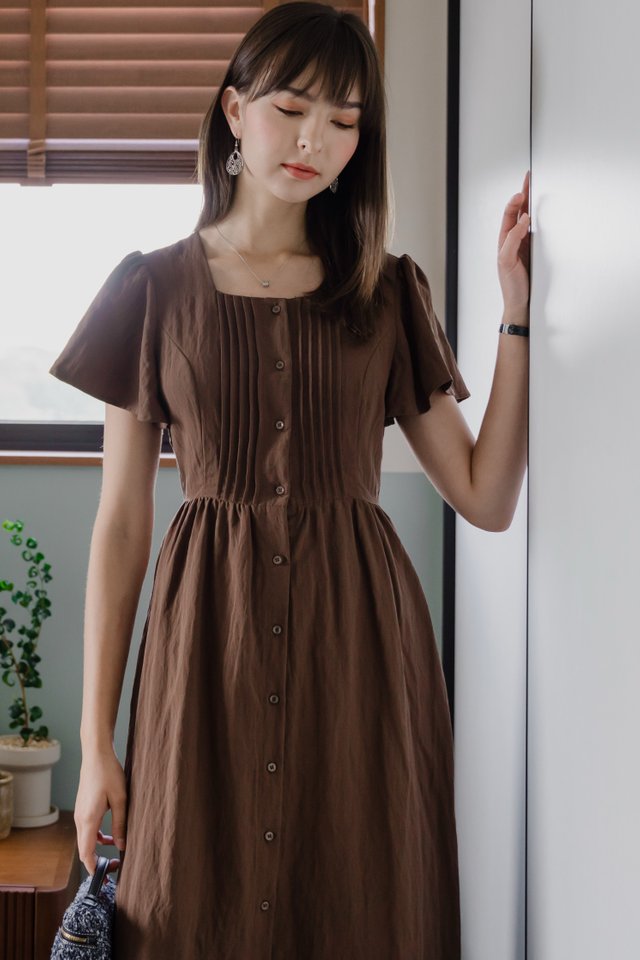 *Preorder* ACW Button Panel Square Neck Pintuck Flutter Sleeve Midi Dress in Cocoa
