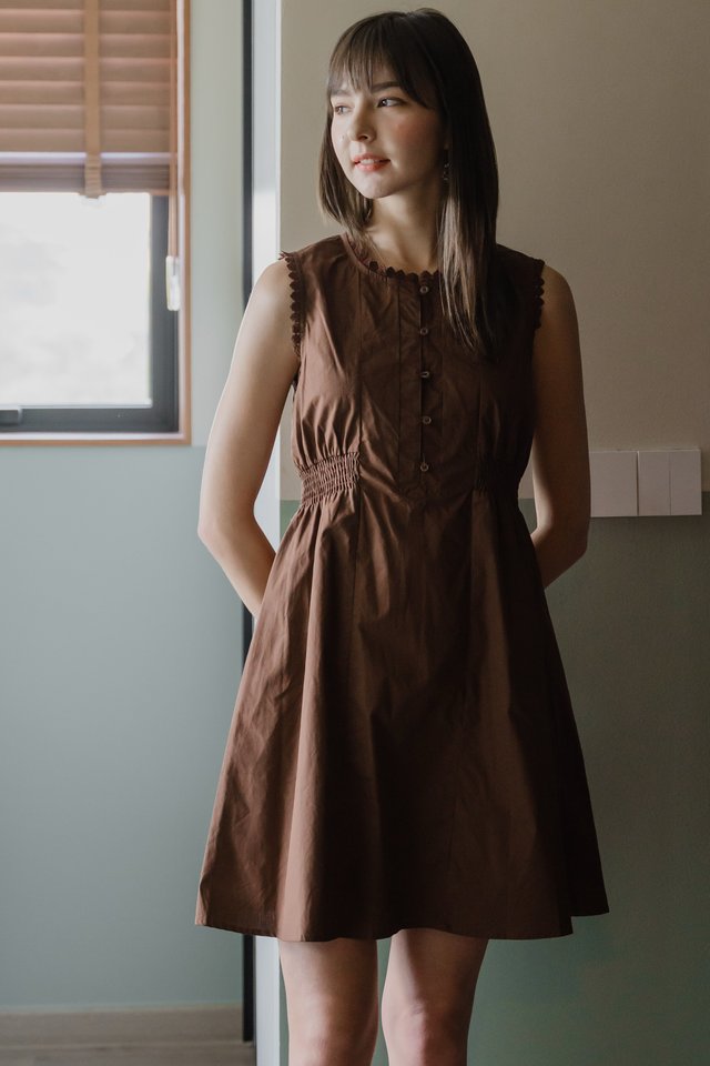 *Preorder* ACW Button Sleeveless Elastic Waist Mini Dress in Cocoa