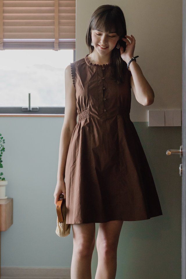 *Preorder* ACW Button Sleeveless Elastic Waist Mini Dress in Cocoa