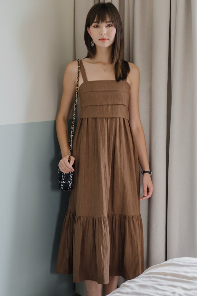 *Preorder* ACW Tiered Panels Thick Strap Drop Hem Midi Dress in Cocoa