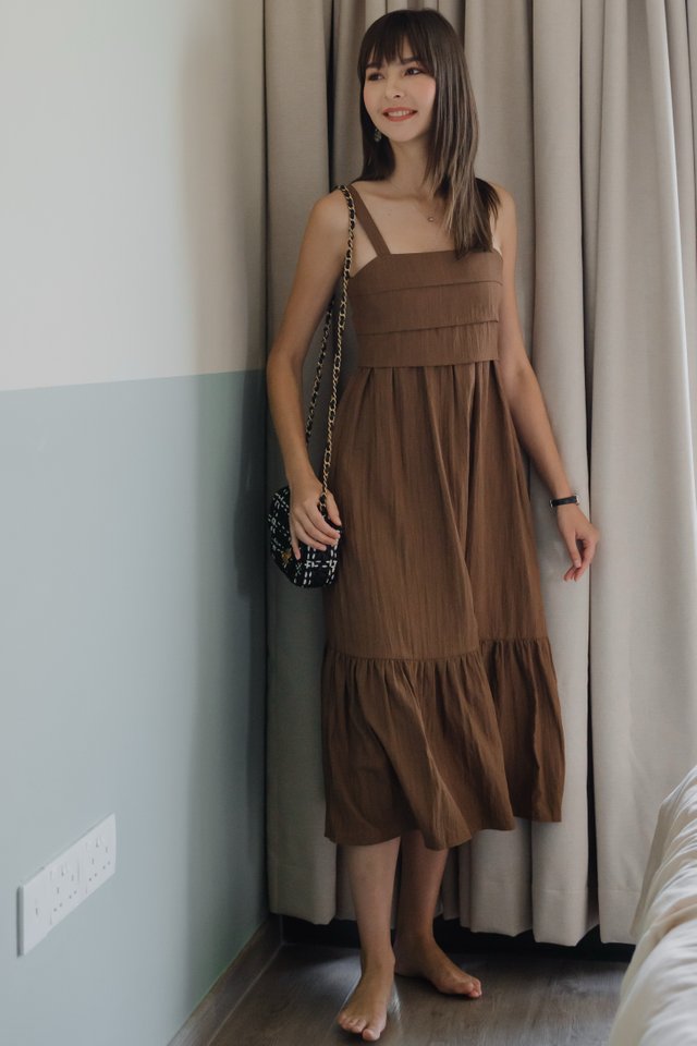 *Preorder* ACW Tiered Panels Thick Strap Drop Hem Midi Dress in Cocoa
