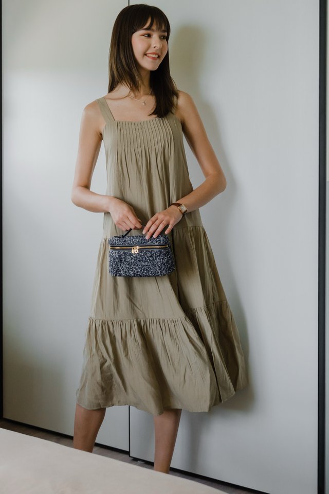 ACW Thick Strap Ruch Tier Midi Dress in Deep Moss