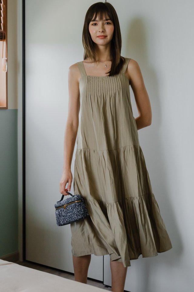 ACW Thick Strap Ruch Tier Midi Dress in Deep Moss