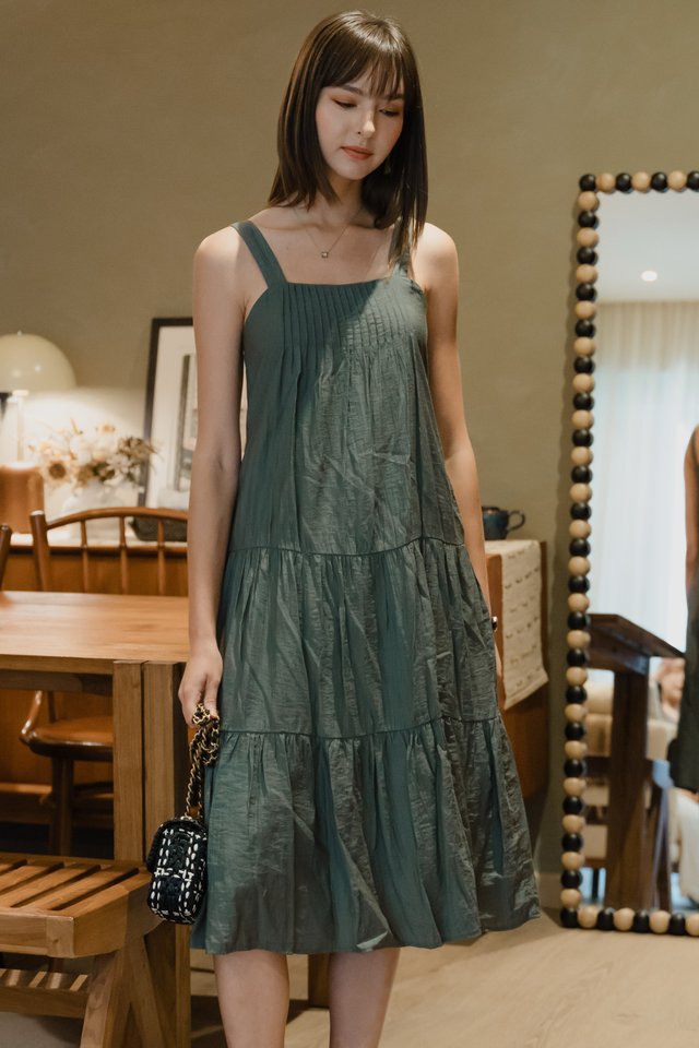 ACW Thick Strap Ruch Tier Midi Dress in Stone Blue