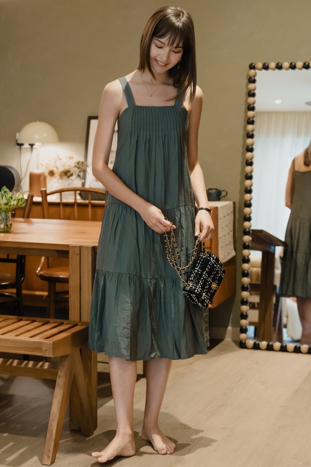 ACW Thick Strap Ruch Tier Midi Dress in Stone Blue