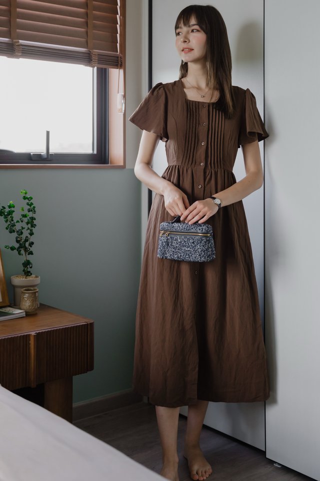 *Preorder* ACW Button Panel Square Neck Pintuck Flutter Sleeve Midi Dress in Cocoa