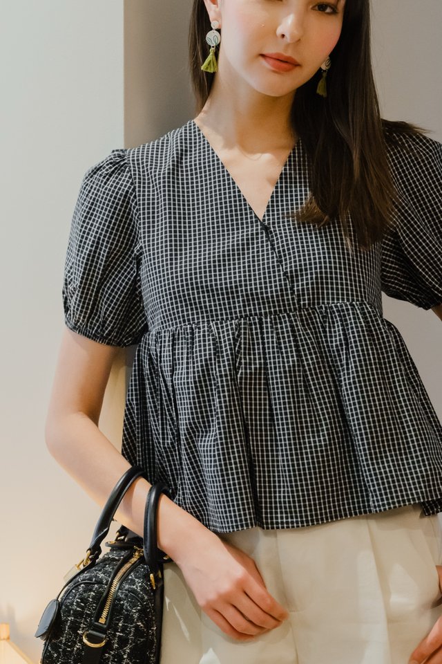 ACW Wrap Puff Sleeve Babydoll Blouse in Gingham