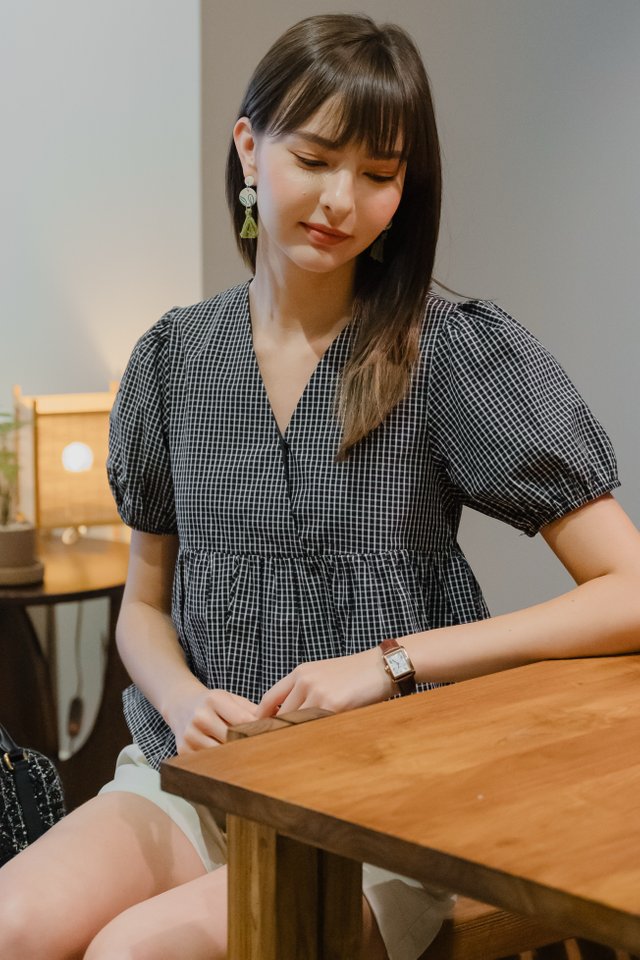ACW Wrap Puff Sleeve Babydoll Blouse in Gingham
