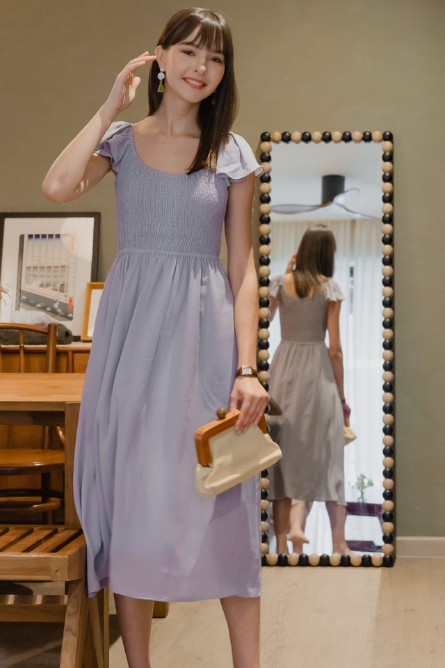 *Preorder* ACW Smock Scoop Neck Flutter Sleeve Midi Dress in Dove Grey