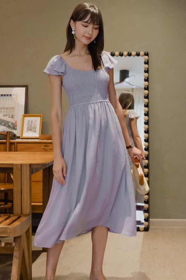 *Preorder* ACW Smock Scoop Neck Flutter Sleeve Midi Dress in Dove Grey