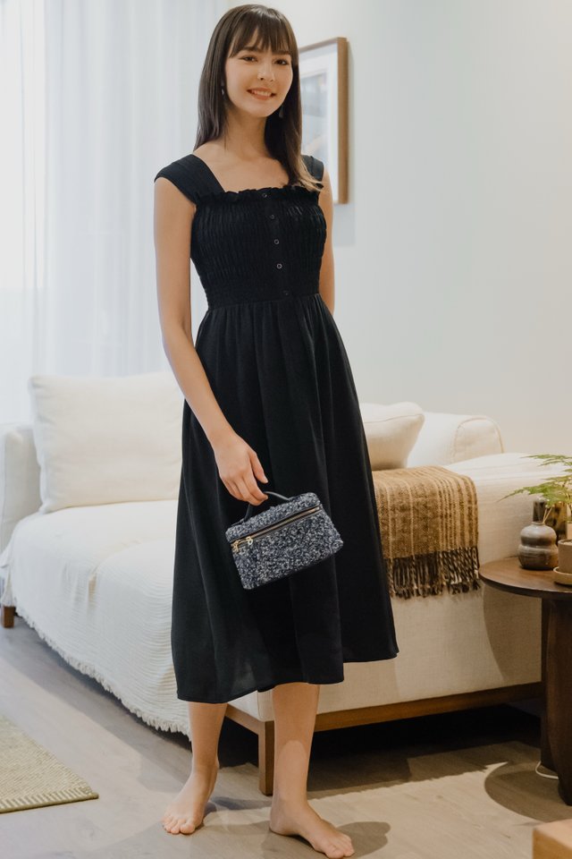 *Preorder* ACW Curve Thick Strap Button Down Smock Midi Dress in Black