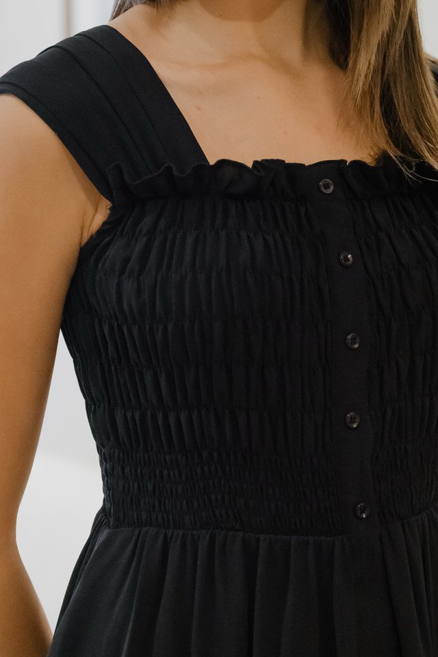 *Preorder* ACW Curve Thick Strap Button Down Smock Midi Dress in Black
