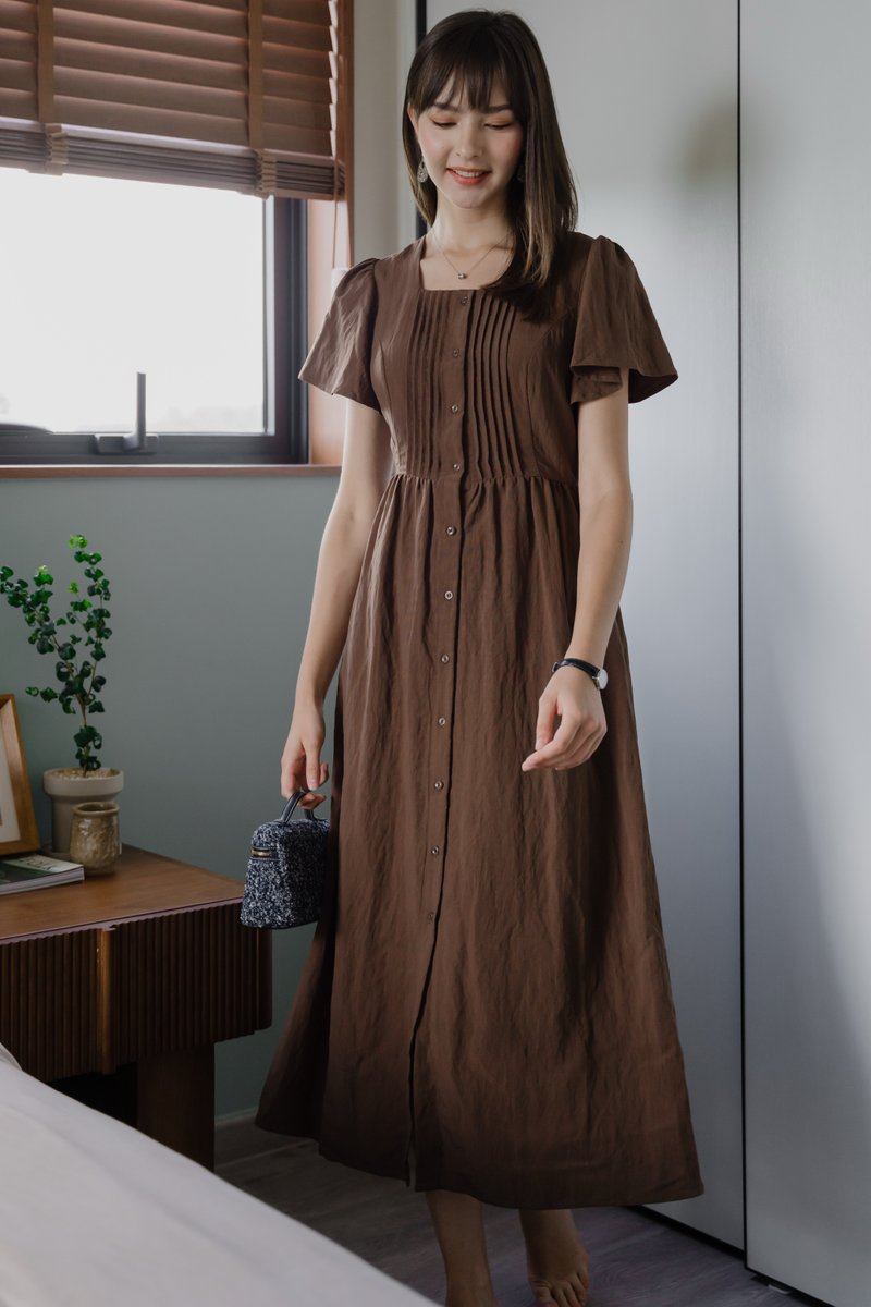 ACW Button Panel Square Neck Pintuck Flutter Sleeve Midi Dress in