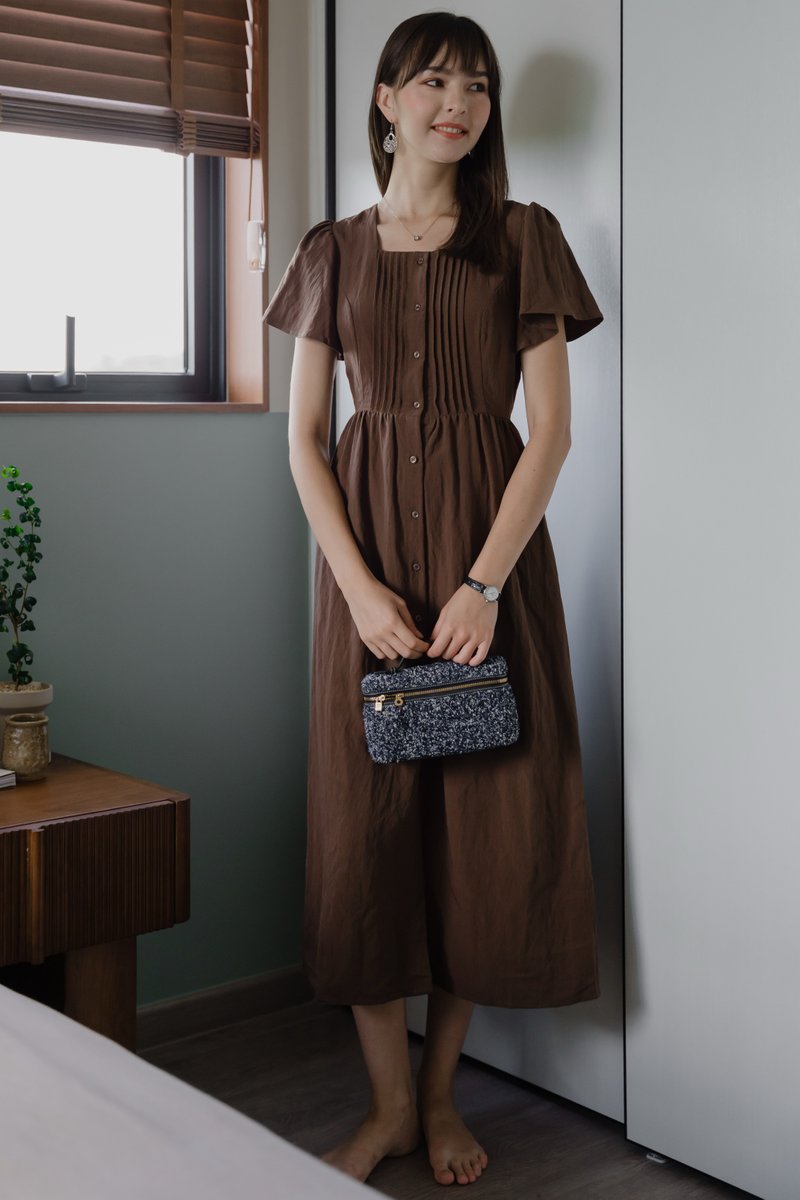 ACW Button Panel Square Neck Pintuck Flutter Sleeve Midi Dress in