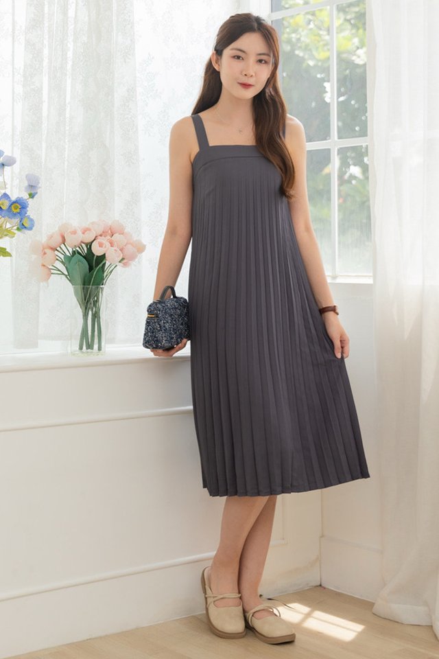 ACW Thick Strap Pleated Midi Dress in Stone Blue