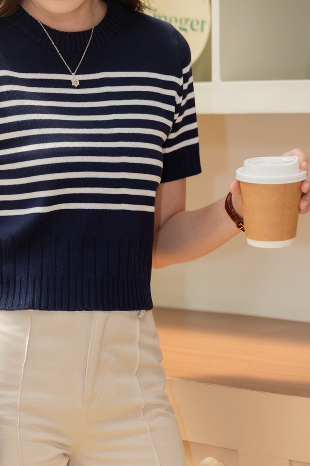 ACW Striped Sleeve Round Neck Knit Top in Navy