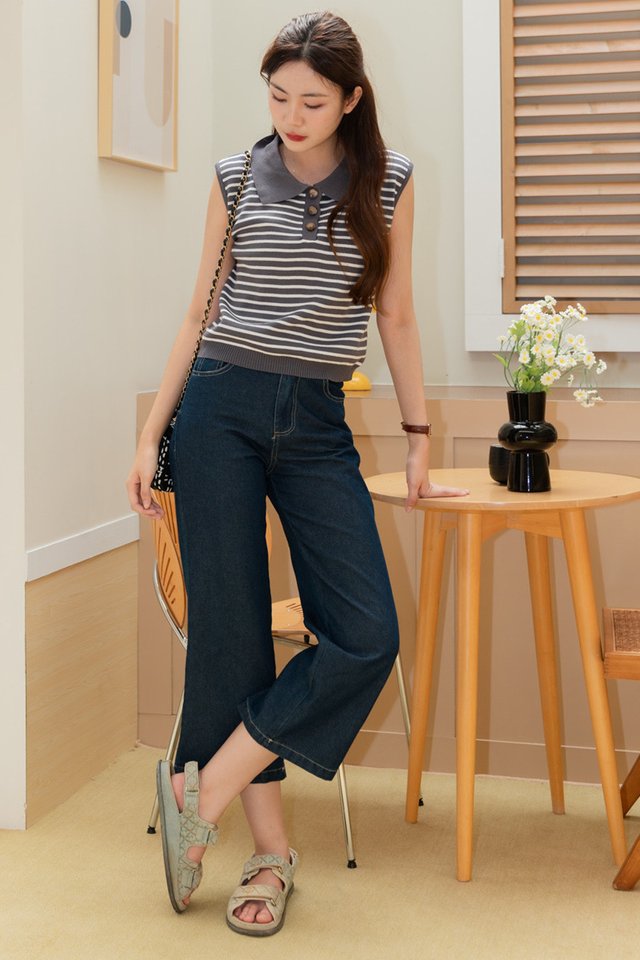 ACW Stripe Sleeveless Button Down Collar Knit Top in Dark Grey