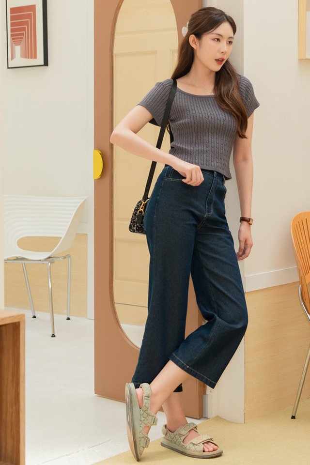 ACW Square Neck Cable Knit Top in Dark Grey