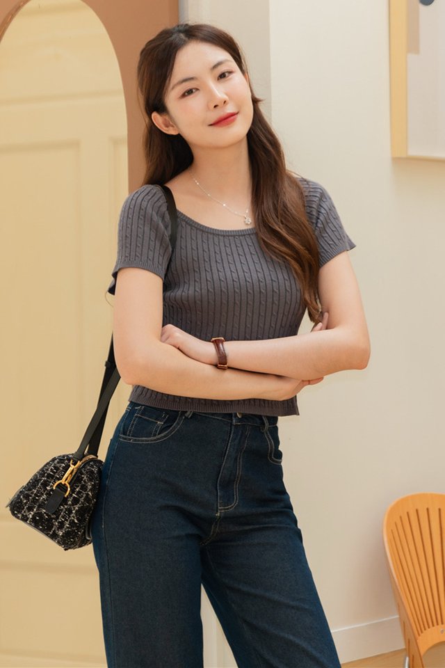 ACW Square Neck Cable Knit Top in Dark Grey
