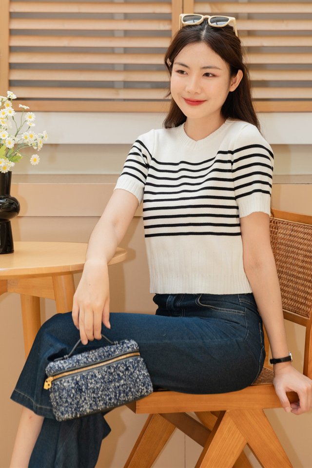 ACW Striped Sleeve Round Neck Knit Top in White