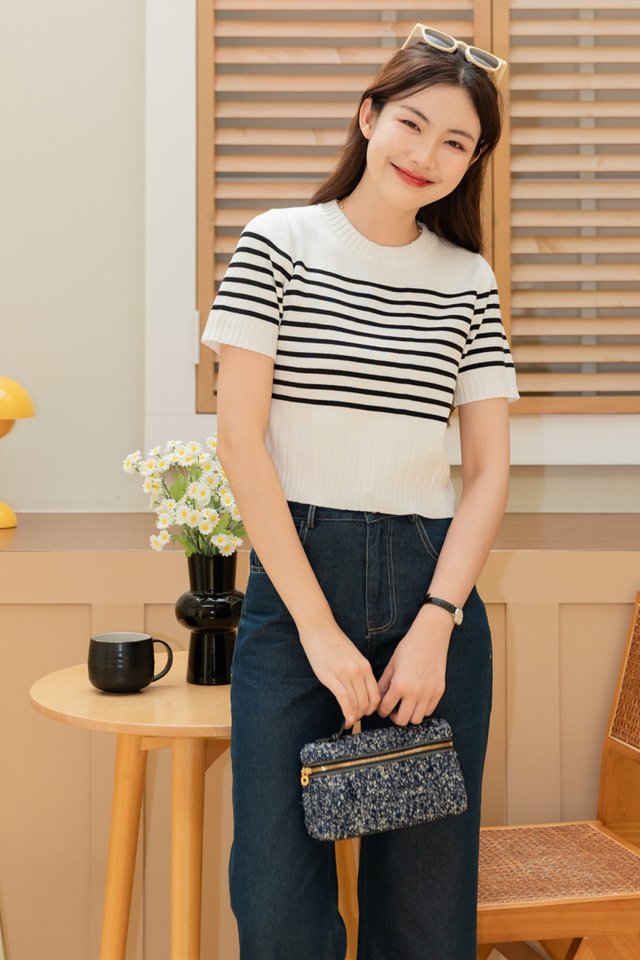 ACW Striped Sleeve Round Neck Knit Top in White